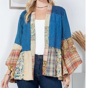 Young Threads Denim Patchwork Bell Sleeve Kimono/Shrug S/M